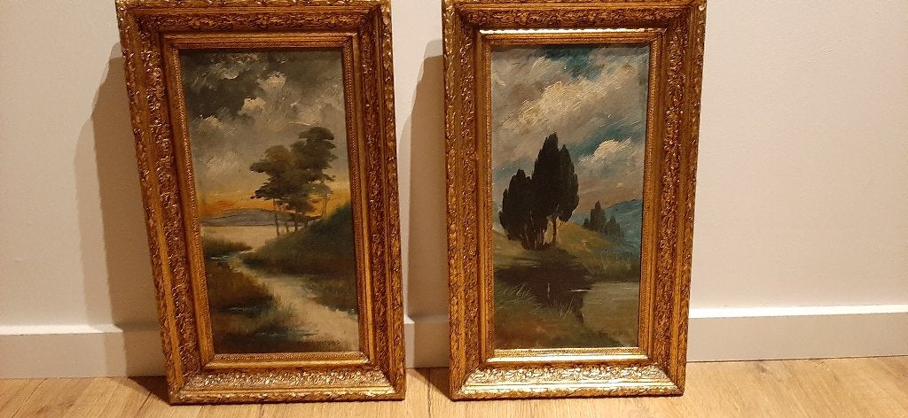 2 oude , samenhorende schilderijtjes, Ophalen, Overige stijlen, Bijzondere lijst, Landschap