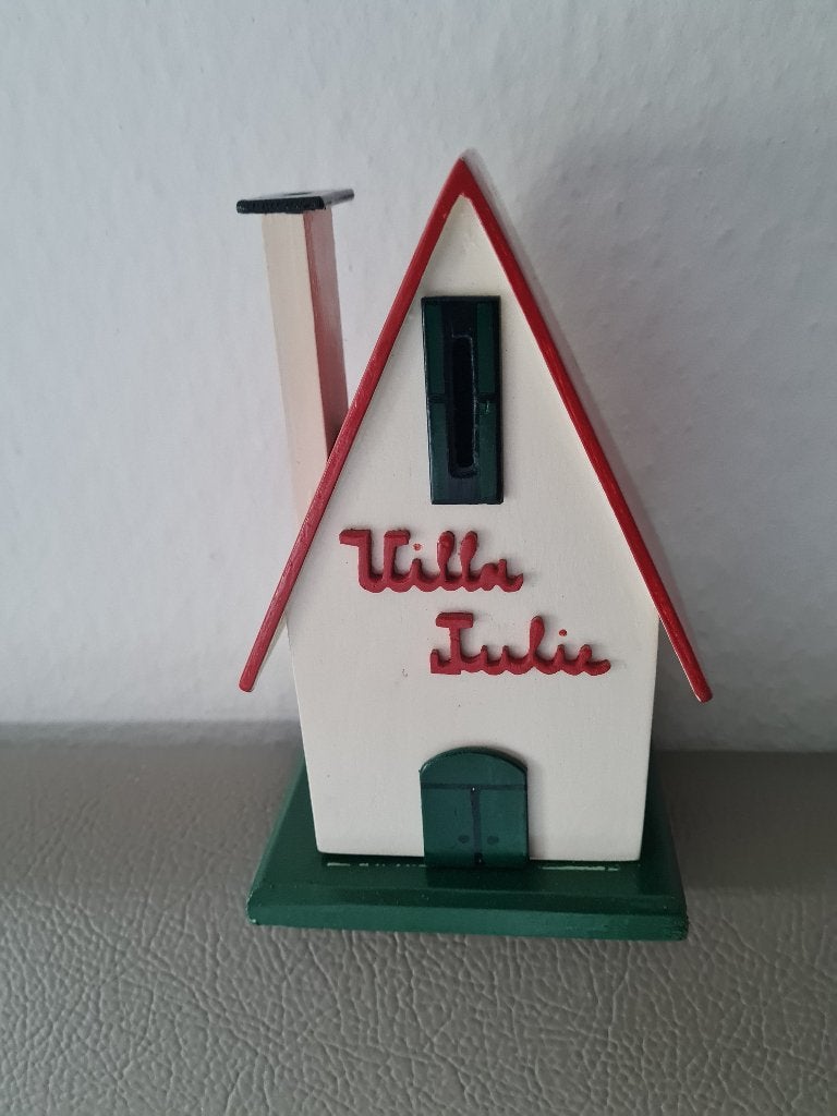 vintage houten spaarpot -  hui - villa met naam JULIE, Verzamelen, Ophalen of Verzenden
