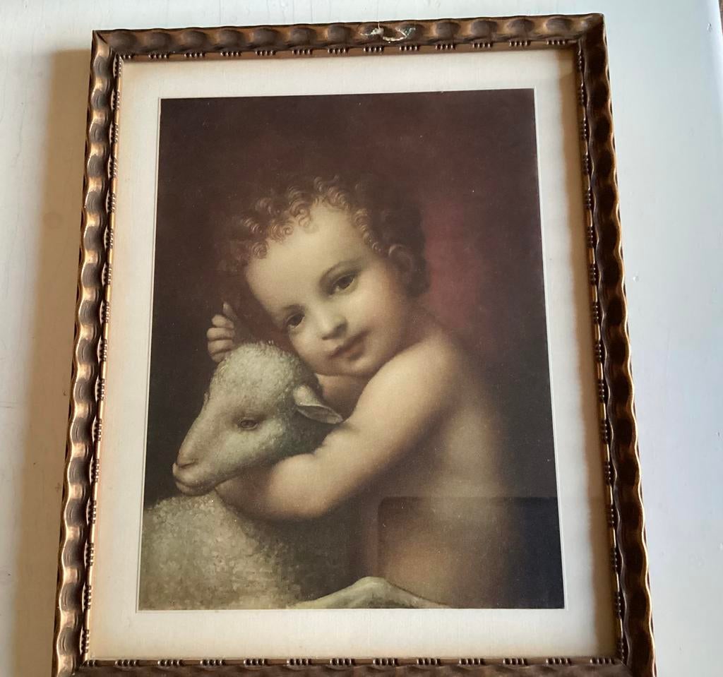 Ingelijste reproduktie bernardino Luini.Jesus met lam, Antiek en Kunst, Antiek | Religieuze voorwerpen, Ophalen of Verzenden