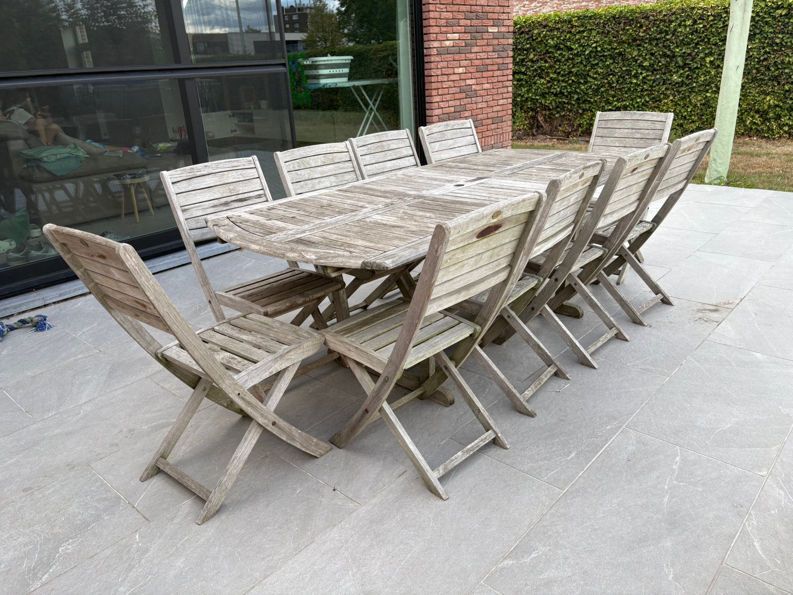 Teak tuintafel (uittrekbaar) + 10 stoelen, Ophalen, Gebruikt, Meer dan 8 zitplaatsen, Teakhout