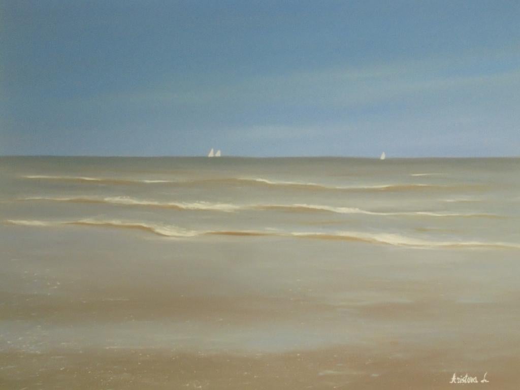 olieschilderij Belgische Noordzee kust (60x80cm), Ophalen of Verzenden