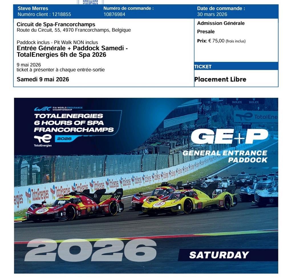 WEC TICKET SPA SAMEDI AVEC PIT WALK, Tickets & Billets, Sport | Autre