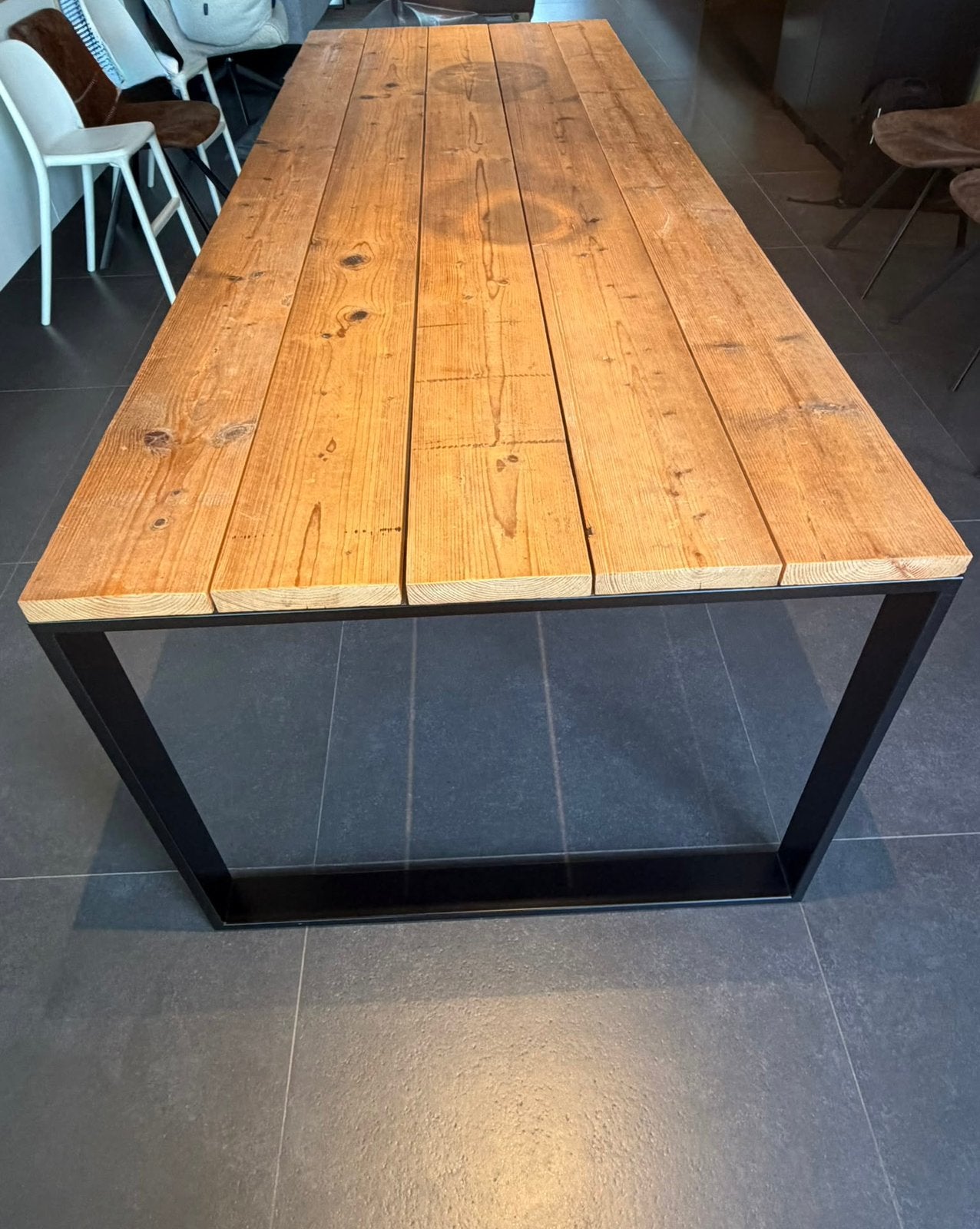 Moderne eettafel van steigerhout 250x95x77, Ophalen, Gebruikt, 50 tot 100 cm, 50 tot 100 cm