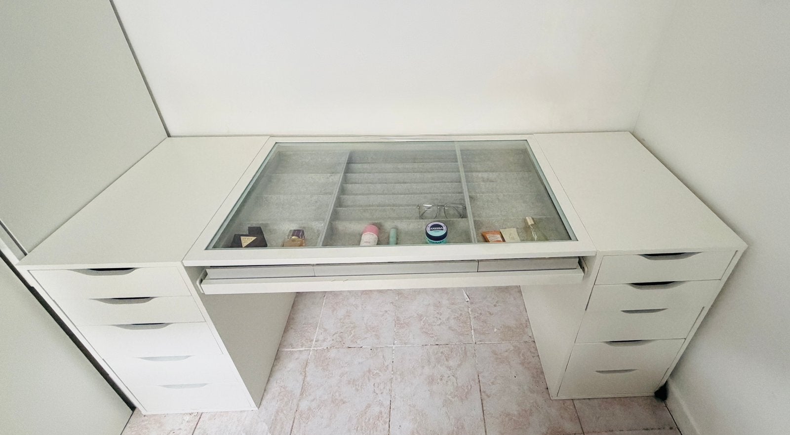 Coiffeuse IKEA avec vitre transparente et tiroirs ALEX, Ophalen, Gebruikt, 100 tot 150 cm, Blanc