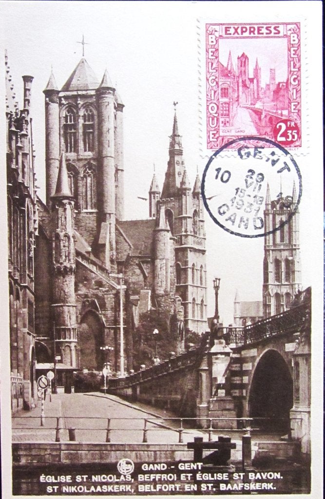 POSTKAART- GENT- ST NIKLAASKERK, BELFORT EN ST BAAFSKERK, Ophalen of Verzenden, 1920 tot 1940, Gelopen, Oost-Vlaanderen