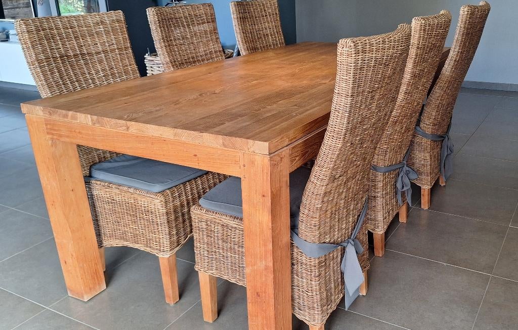 Teak - rieten eetkamerstoelen - VERLAAGDE PRIJS - 6 stuks, Comme neuf, Brun, Enlèvement, Cinq, Six Chaises ou plus