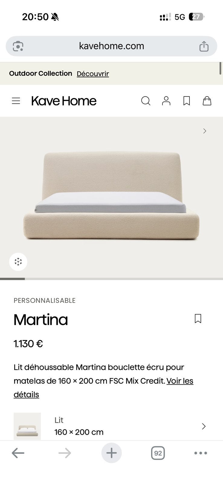 Vend lit Kave Home 160cm, Enlèvement, Comme neuf