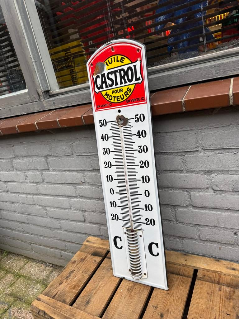 CASTROL oude emaille reclame thermometer, Verzamelen, Ophalen of Verzenden, Gebruikt, Reclamebord