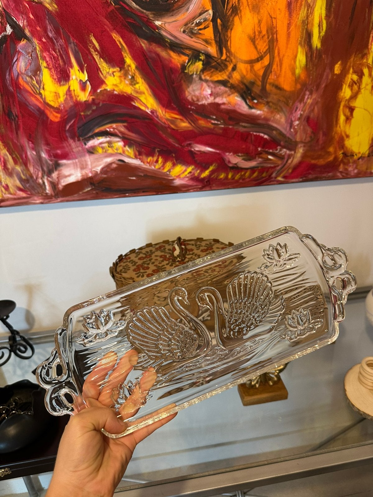 Magnifique bol en verre avec des cygnes — décoratif, Enlèvement ou Envoi