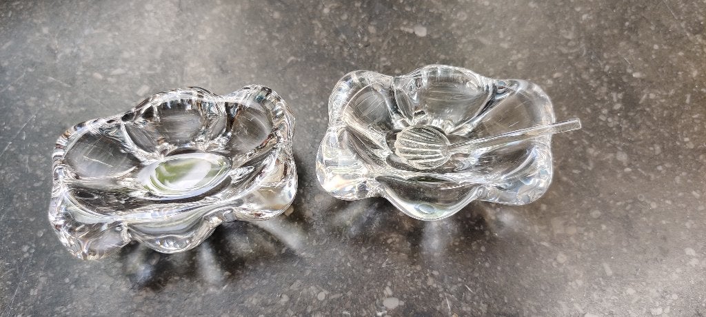 set kristallen zoutvatjes + lepeltje, Antiek en Kunst, Ophalen