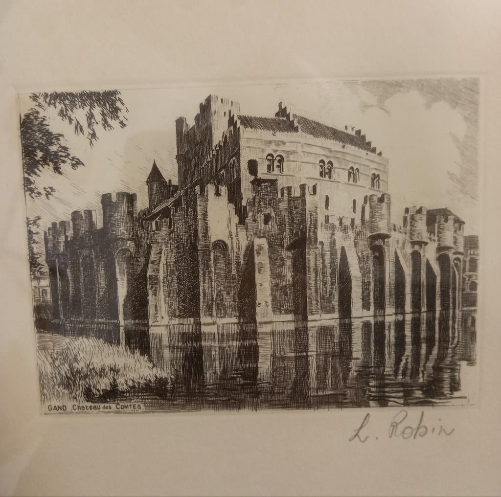 Ets Léopold Robin - Gravensteen Gent - perfecte staat, Enlèvement ou Envoi, Eau-forte, Encadré