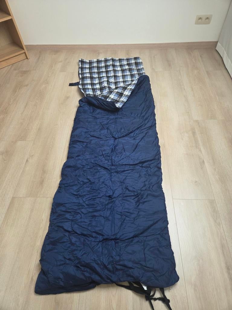 Flanellen donkerblauwe slaapzak, Caravans en Kamperen, Ophalen, Zo goed als nieuw