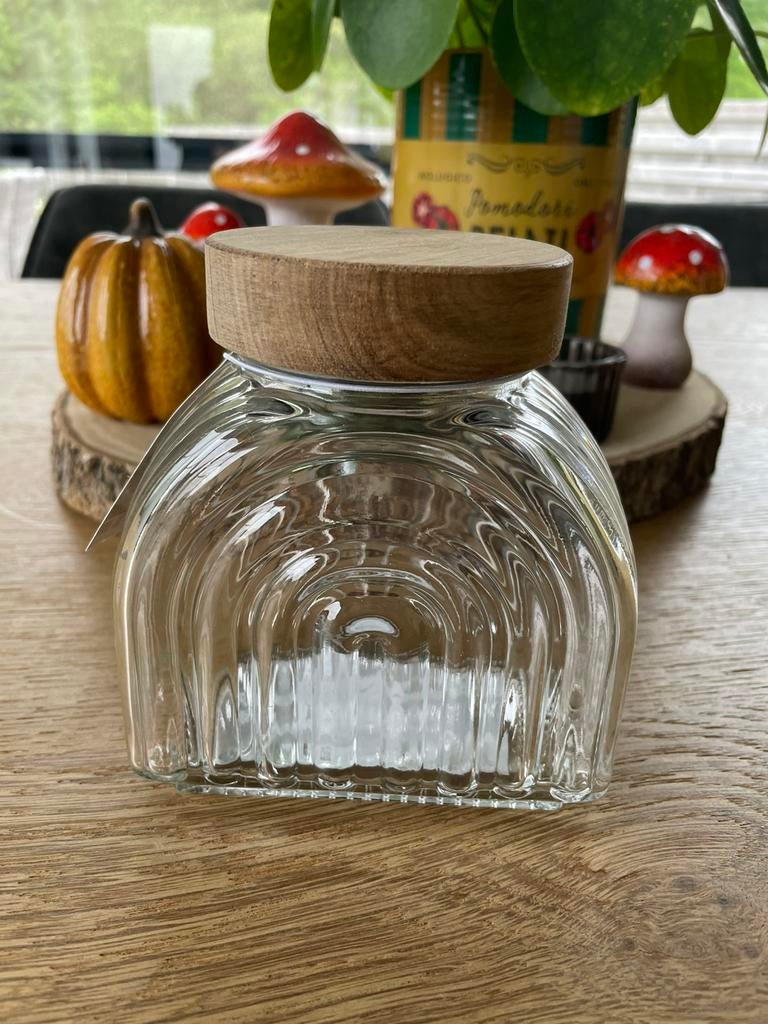 Glazen Pot Japandi-Stijl met Acacia houten deksel NIEUW, Ophalen of Verzenden, Nieuw, Glas, Pot, Bus of Blik
