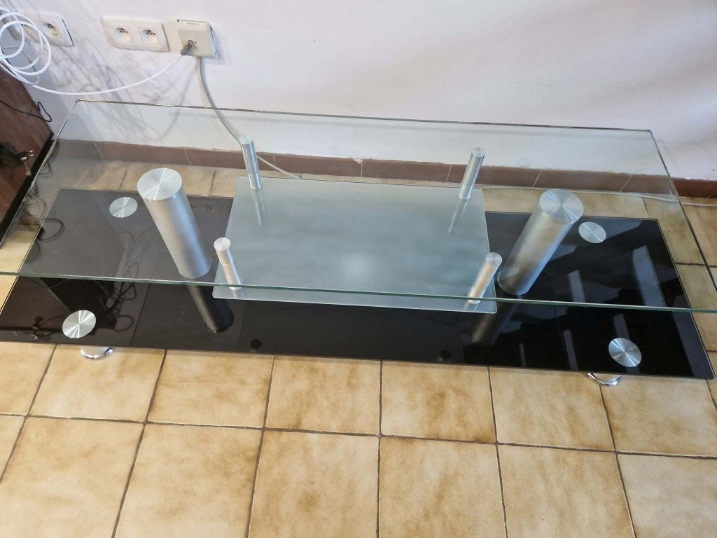 Meuble TV en verre – Noir et argenté, Verre, Moins de 100 cm, 150 à 200 cm, Enlèvement