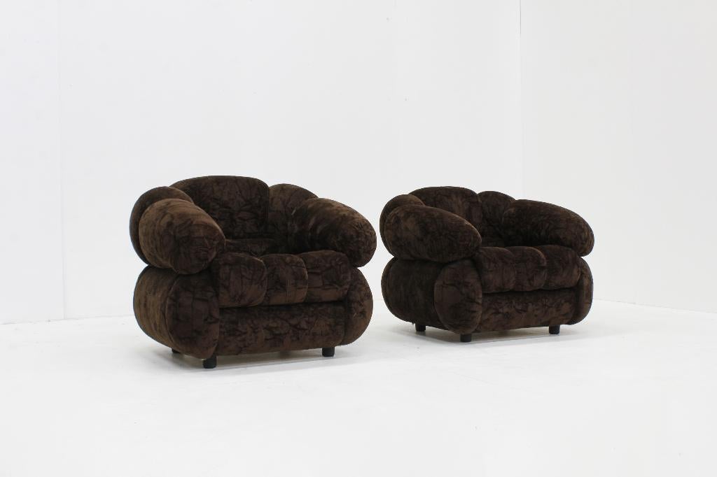 Set vintage italiaanse fauteuils bruin velvet jaren 70, Enlèvement ou Envoi, Comme neuf, Design