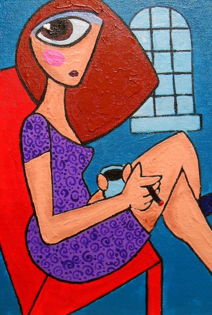 Peinture « Café du matin et cigarette », Antiquités & Art, Textile, Peinture à l'huile, Portrait, Peint à la main