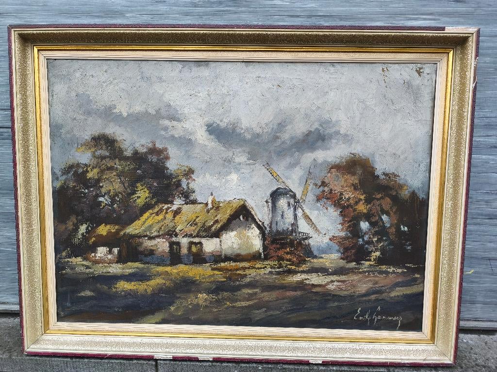 Huile sur toile moulin signe Émile lammers, Antiek en Kunst, Ophalen