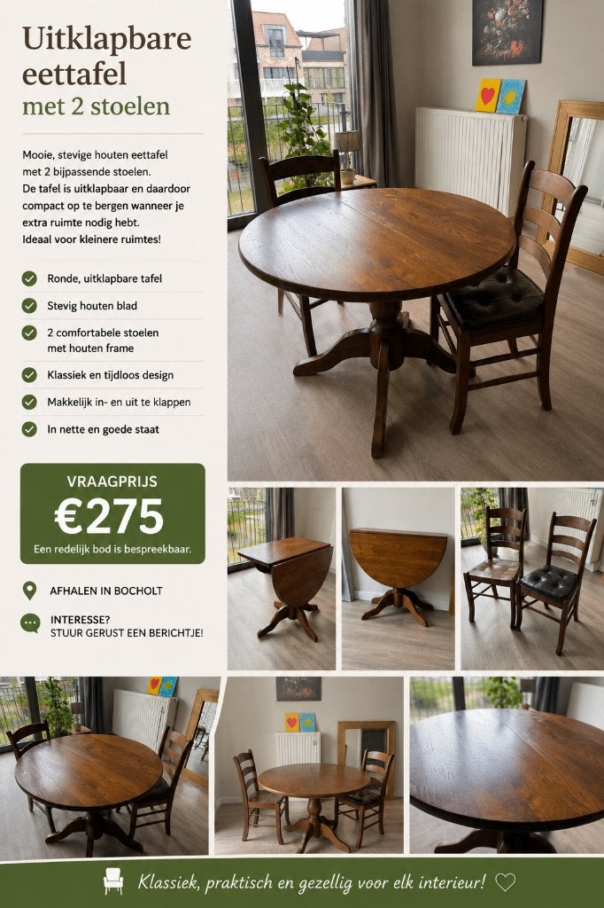Stijlvolle uitklapbare houten eettafel met 2 stoelen, Ophalen, Zo goed als nieuw, Eikenhout
