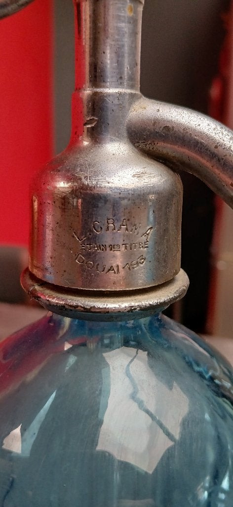 Ancien Siphon Eau de Seltz Bleu Verre Douai L.CRAMA 193, Enlèvement
