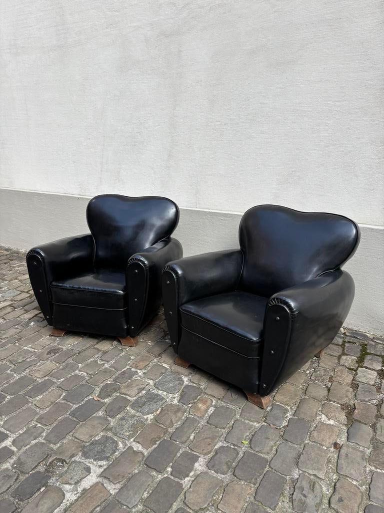 2 grote art deco zetels in zwart skai leer, Huis en Inrichting, Ophalen, Art deco, Zo goed als nieuw, 75 tot 100 cm