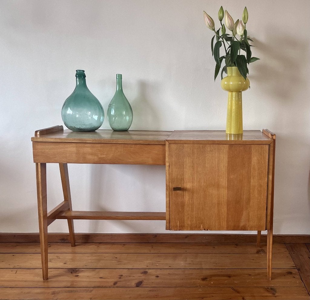 Vintage Mid-century Kaptafel/bureau met spiegel, Ophalen, 100 tot 150 cm, Vintage, 25 tot 50 cm