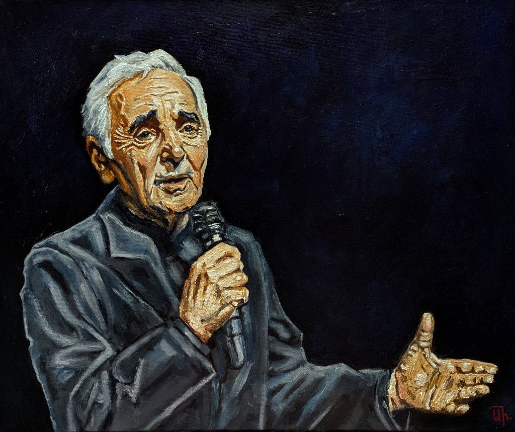 « Charles Aznavour : la voix d'une époque », Antiquités & Art, Textile, Peinture à l'huile, Peint à la main, Portrait