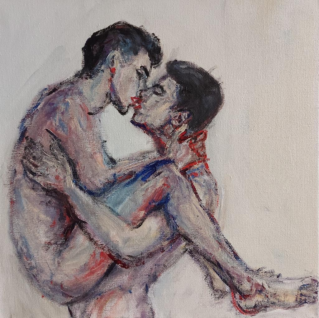 Mooi schilderij op doek 'The Kiss' - Queer Art, Antiek en Kunst, Ophalen of Verzenden
