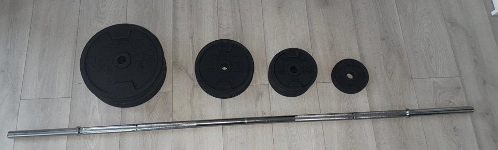 Lot de disques Domyos + barre de musculation, Sports & Fitness, Enlèvement ou Envoi, Utilisé, Bras, Haltère