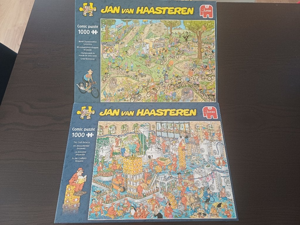 2 puzzels Jan Haasteren - de brouwerij en WK veldrijden, Ophalen of Verzenden, 500 t/m 1500 stukjes, Zo goed als nieuw, Legpuzzel