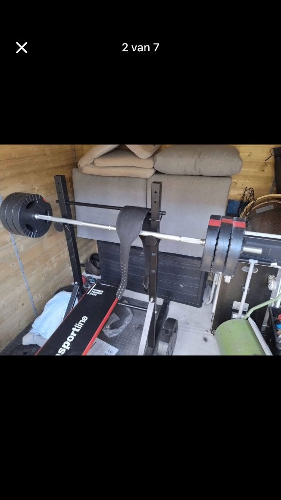 Fitness stang 8kg met 70kg aan gewichten, Ophalen, Gebruikt, Benen