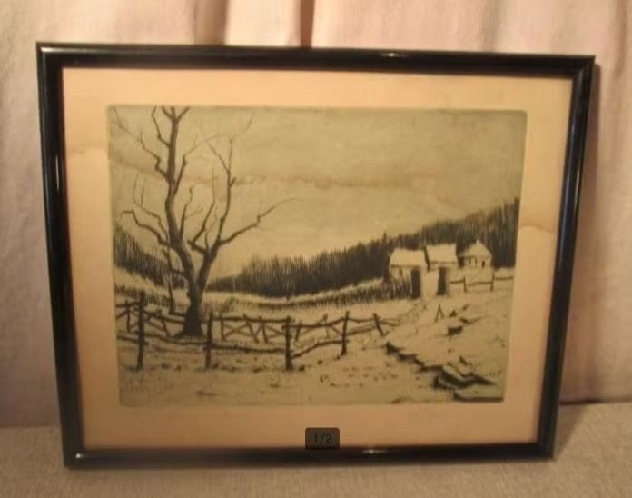 Belle gravure « Neige dans les Ardennes » - Signée, Enlèvement ou Envoi, Paysage, Eau-forte, Encadré