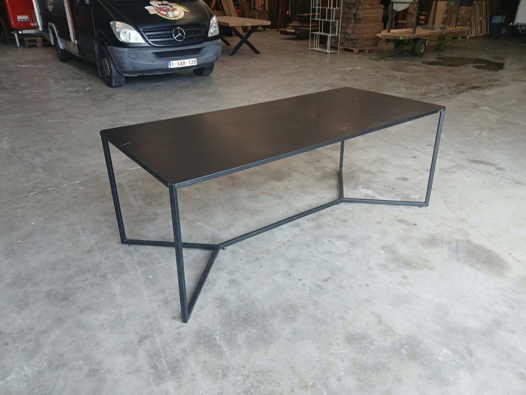 Zwarte metalen eettafel / werktafel – 200 x 90 cm, Ophalen, Gebruikt, 50 tot 100 cm, Vijf personen of meer