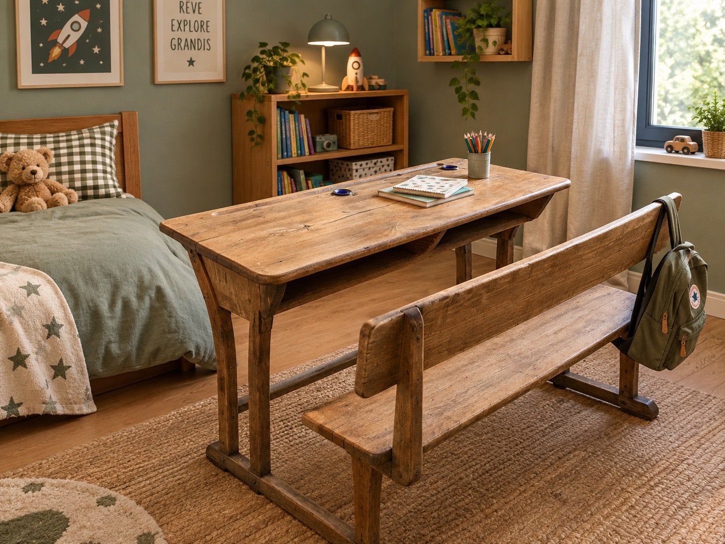 AUTHENTIQUE ANCIEN PUPITRE BANC D’ÉCOLIER DOUBLE BOIS MASSIF, Autres marques, Bureau d'écolier, Enlèvement, 75 cm