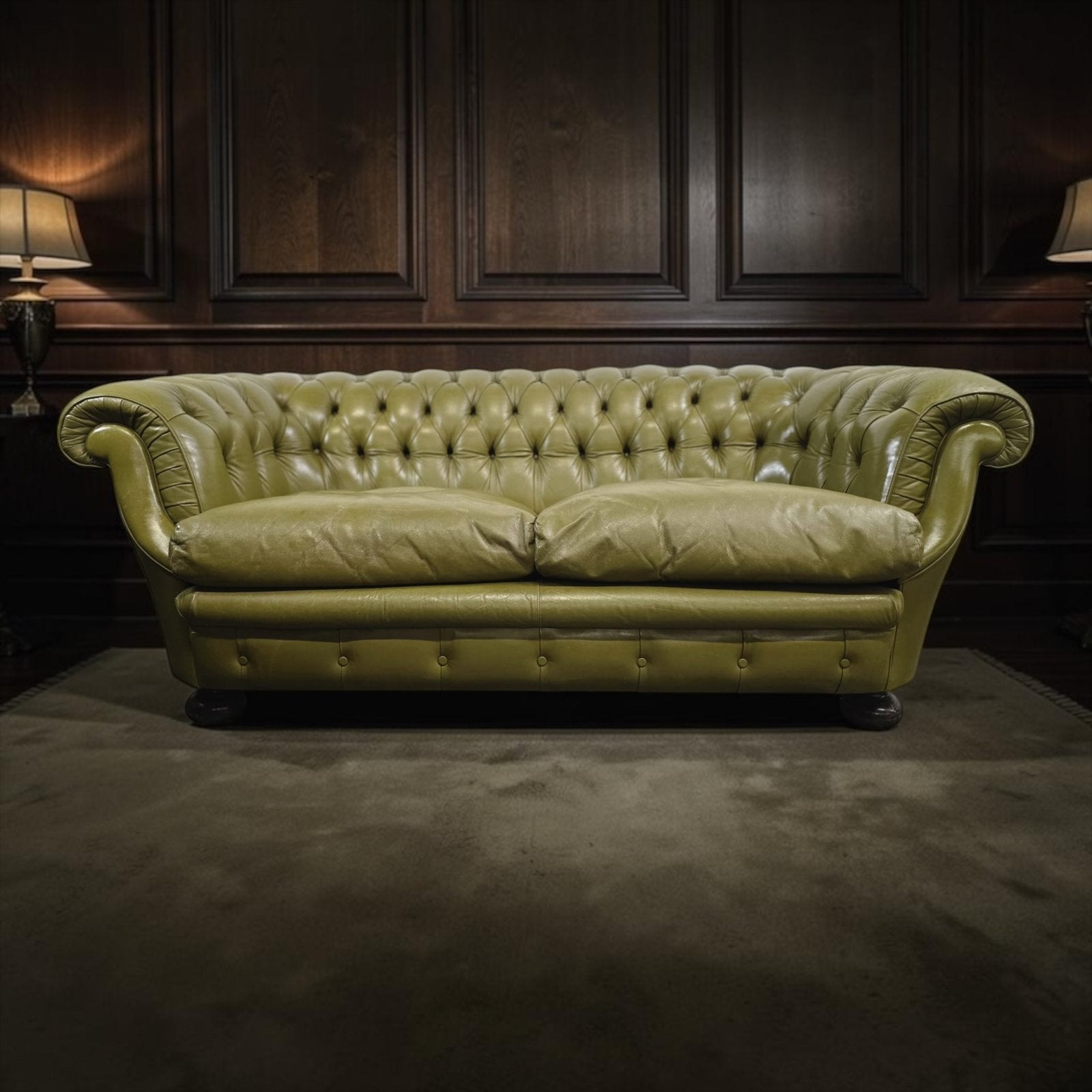 Vintage lederen olijfgroene chesterfield / zetel / canapé, Ophalen