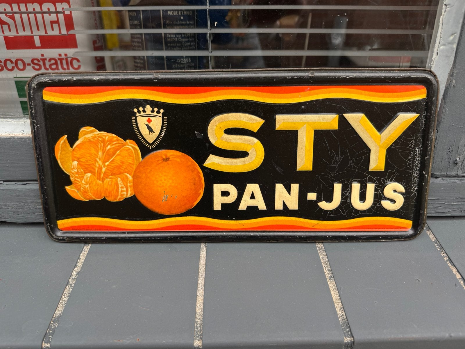 Panneau publicitaire STY Pan Just, 1947, Collections, Marques & Objets publicitaires, Utilisé, Panneau publicitaire, Enlèvement ou Envoi