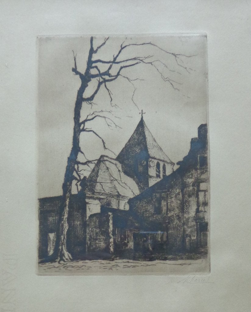 MAURICE MAREELS / DROGENBOS / ZW-W ETS / 34x26cm / KADER, Enlèvement ou Envoi, Architecture, Eau-forte, Signé
