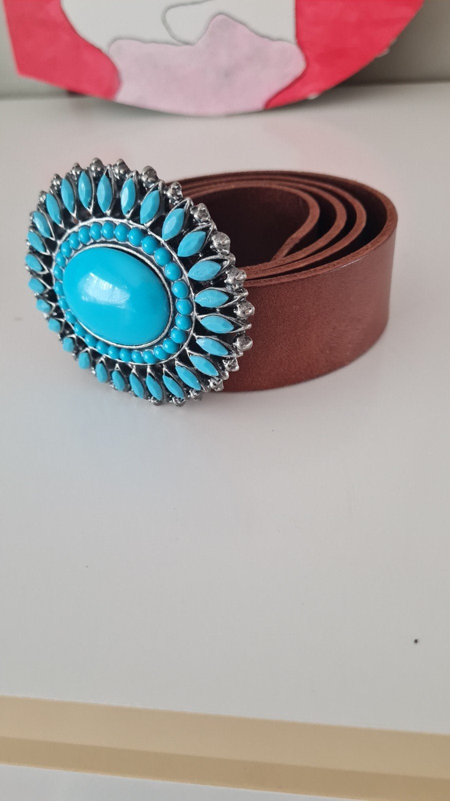Ceinture cuir lisse marron Morgan de Toi boucle turquoise T9, Enlèvement, Ceinture