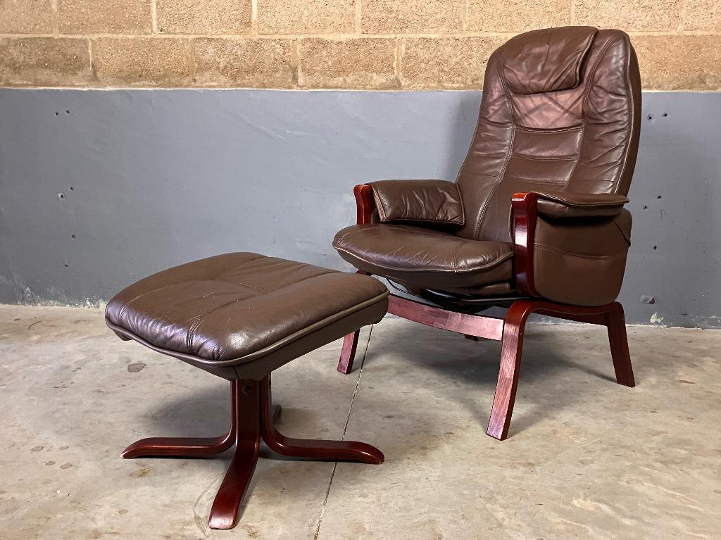 Super sale: Vintage fauteuil leder Zwedens hocker, Seventies Scandinavisch Ekornes Stressless recliner, Brun, Enlèvement, Utilisé