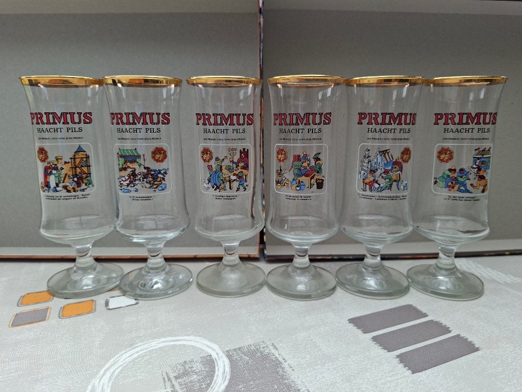 6 verzamelbierglazen Jan Primus I (brouwerij Haacht), Verzamelen, Ophalen, Zo goed als nieuw, Glas of Glazen, Overige merken