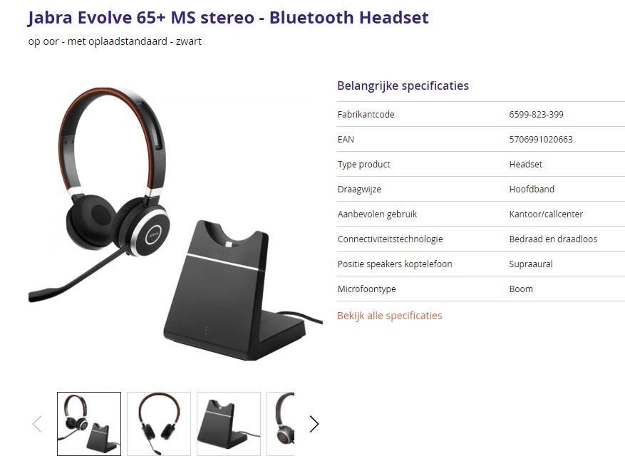 Jabra Evolve 65 MS Stereo Headset met Laadstation, Ophalen, Nieuw, Bluetooth