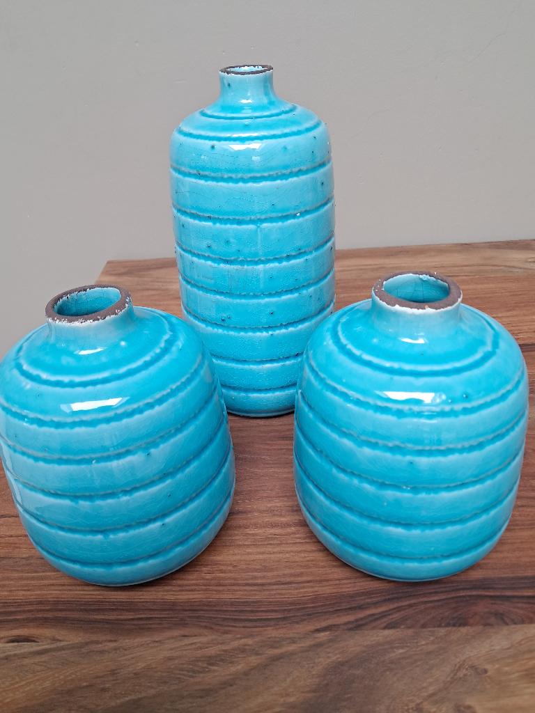 3 turquoise keramiek vazen (zie foto's), Ophalen of Verzenden