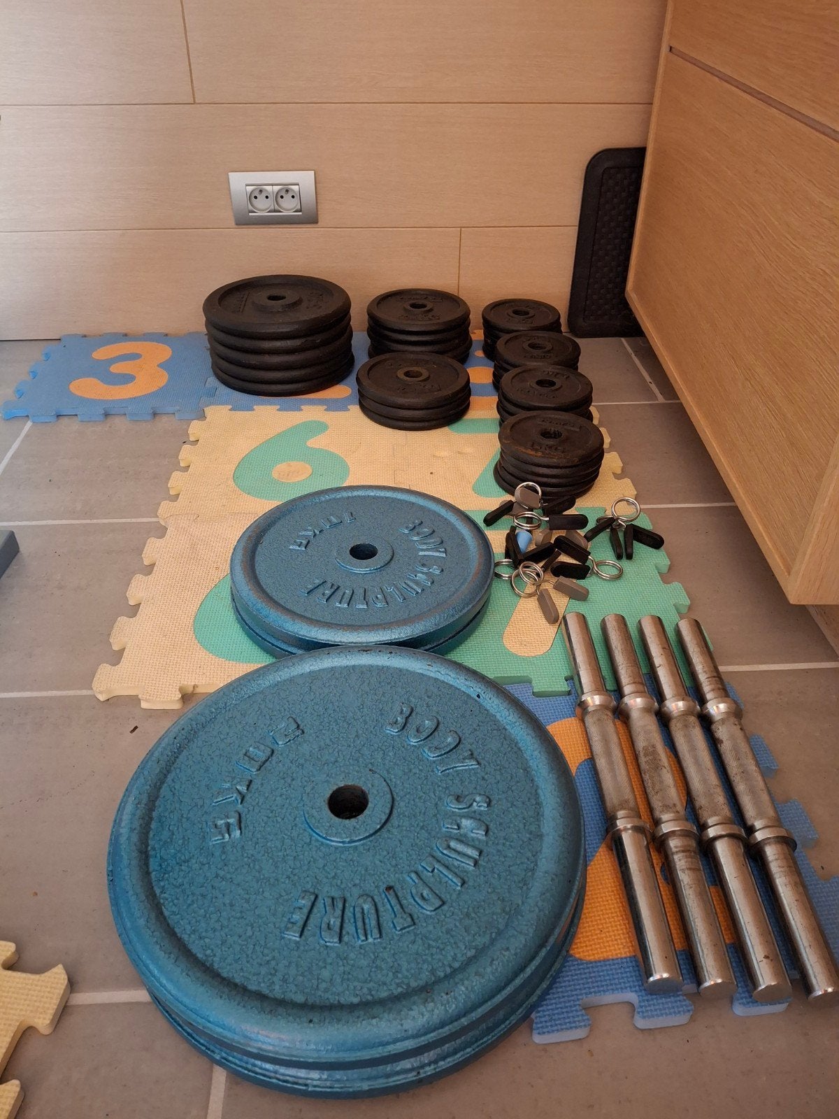 Gewichten fitness (diverse) en korte halterstangen, Sport en Fitness, Fitnessmaterialen, Gebruikt, Halterschijven, Armen, Ophalen