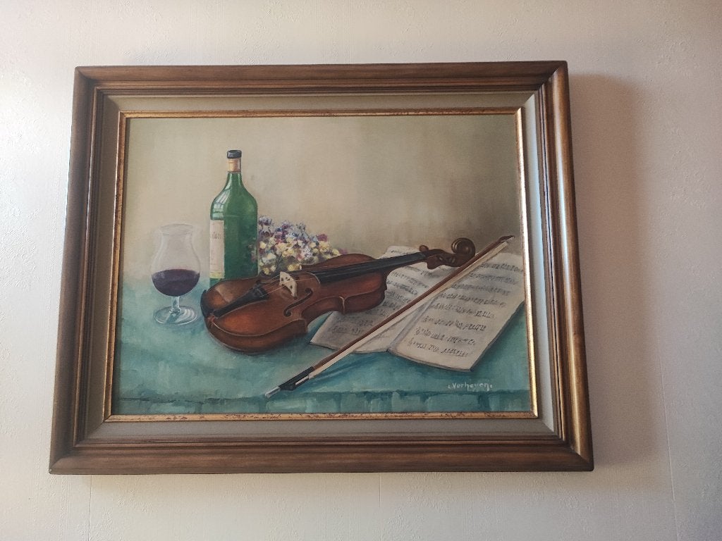 Groot schilderij met viool en fles wijn, Antiek en Kunst, Ophalen of Verzenden
