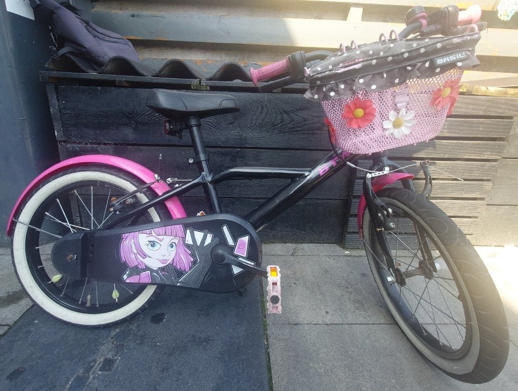 Meisjesfiets B'Twin Spy Hero roze zwart 16 inch met mandje, Frein à tambour, Enlèvement, Utilisé, 16 pouces