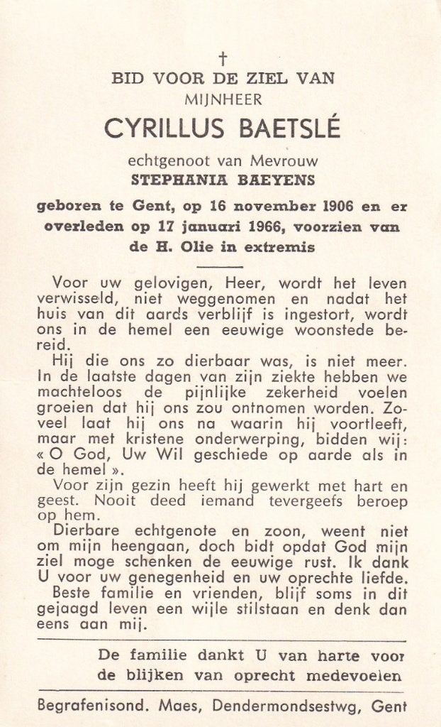 61 / B P FOTO GENT BAETSLE 1906 - 1966, Enlèvement ou Envoi, Image pieuse