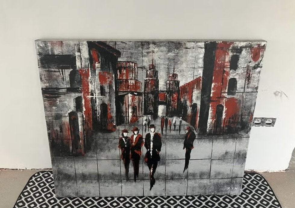 Modern expressief schilderij "Urban Shadows"., Antiek en Kunst, Kunst | Schilderijen | Modern, Ophalen, 3D-effect, Stadsgezicht