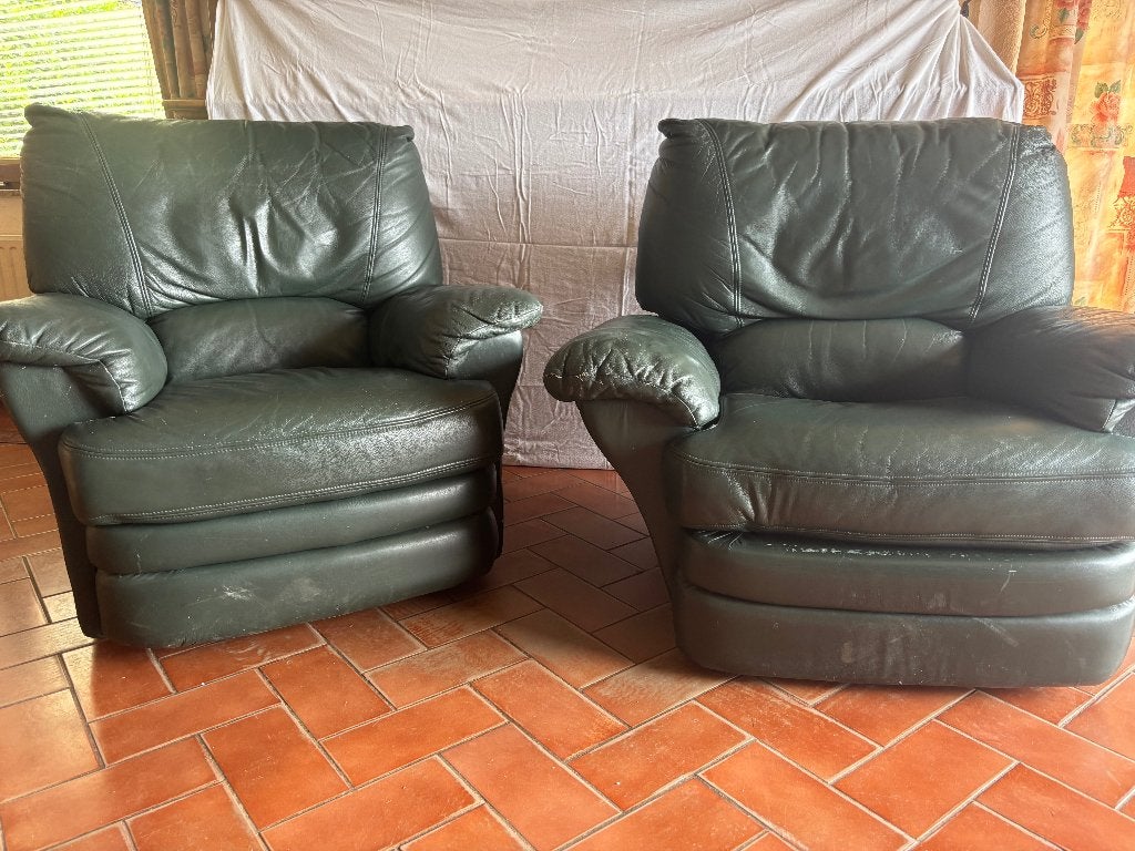 Paire de fauteuils relax en cuir vert, Maison & Meubles, Canapés | Salons, 75 à 100 cm, Moins de 150 cm, Banc droit, Enlèvement