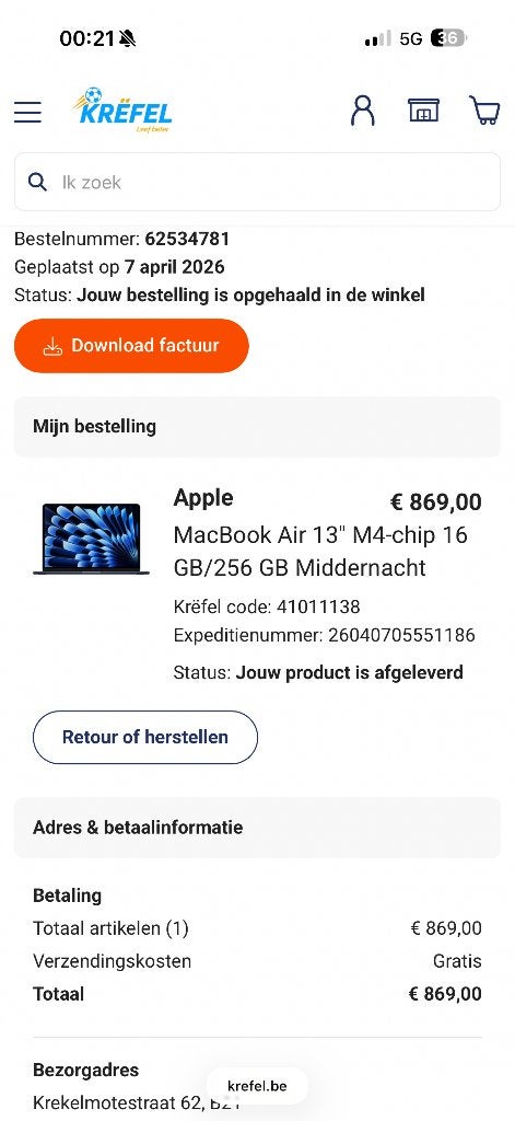 Apple MacBook Air 13" M4-chip 16 GB/256 GB Middernacht, Ophalen, 256 GB, 13 inch, Nieuw
