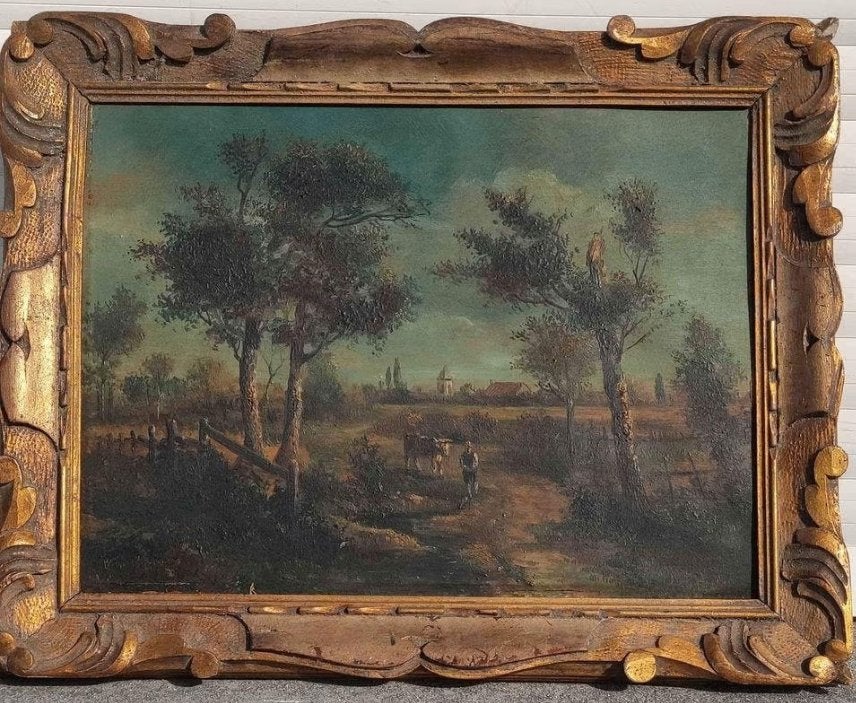 Huile sur panneau paysage signe, Antiquités & Art, Art | Peinture | Classique, Enlèvement ou Envoi, Paysage, Panneau
