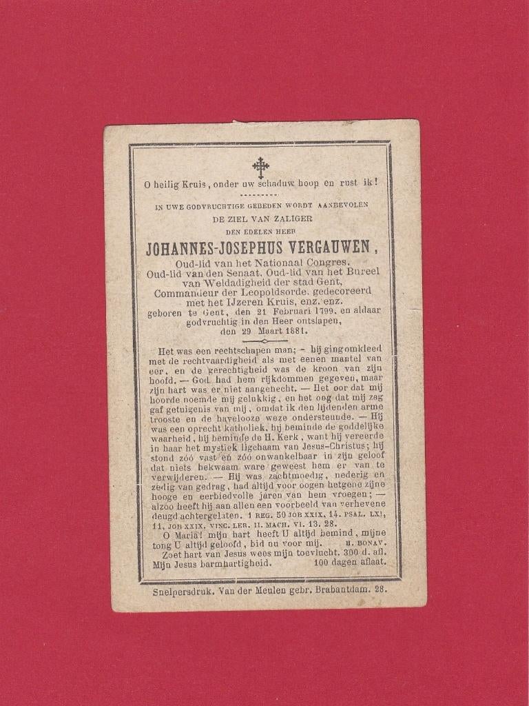 DP Johannes Vergauwen Lid Nationaal Congres 1830, Verzamelen, Verzenden, Bidprentje